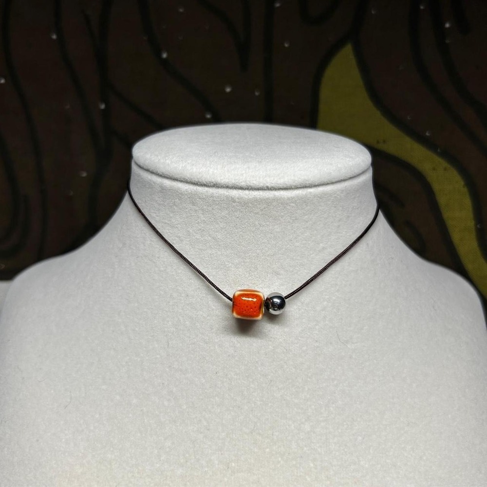 Orange boho ceramic minimalist cord necklace adjustable dainty stainless steel